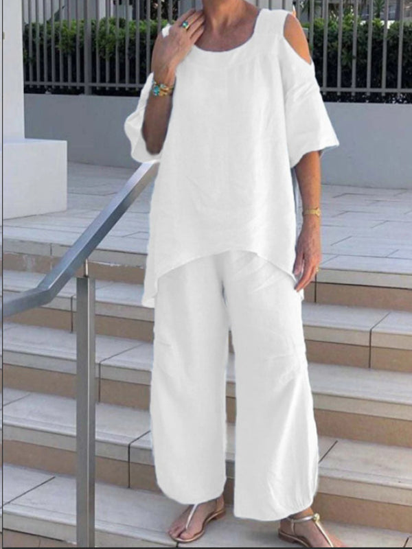 mysite White / S Fashion Round Neck Cotton Linen Short Sleeve Pants Set