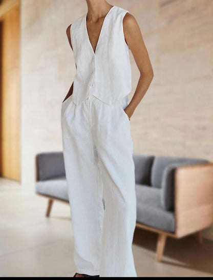 mysite White / XS 2023 summer new product cross-border Amazon independent station cotton and linen suit vest wide-leg pants fashion casual suit for women