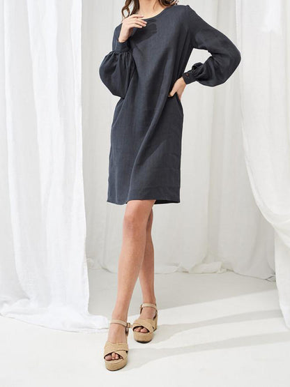 NTG 2022 Grey / S Linen Balloon Sleeve Dress-Handmade