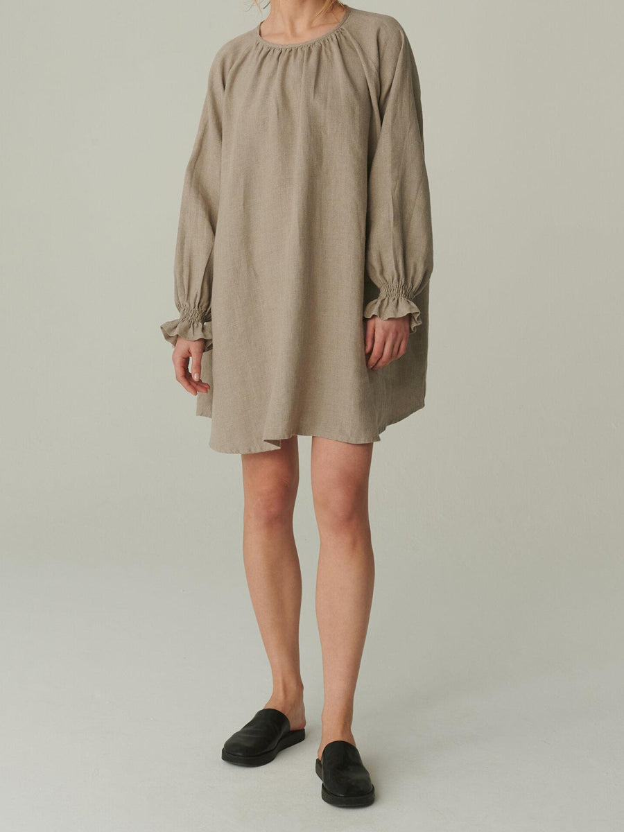 NTG 2022 Khaki / S Casual Long Sleeve Linen Dress-Handmade