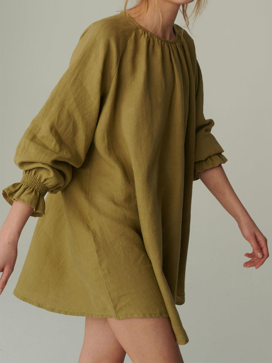 NTG 2022 Olive / S Casual Long Sleeve Linen Dress-Handmade