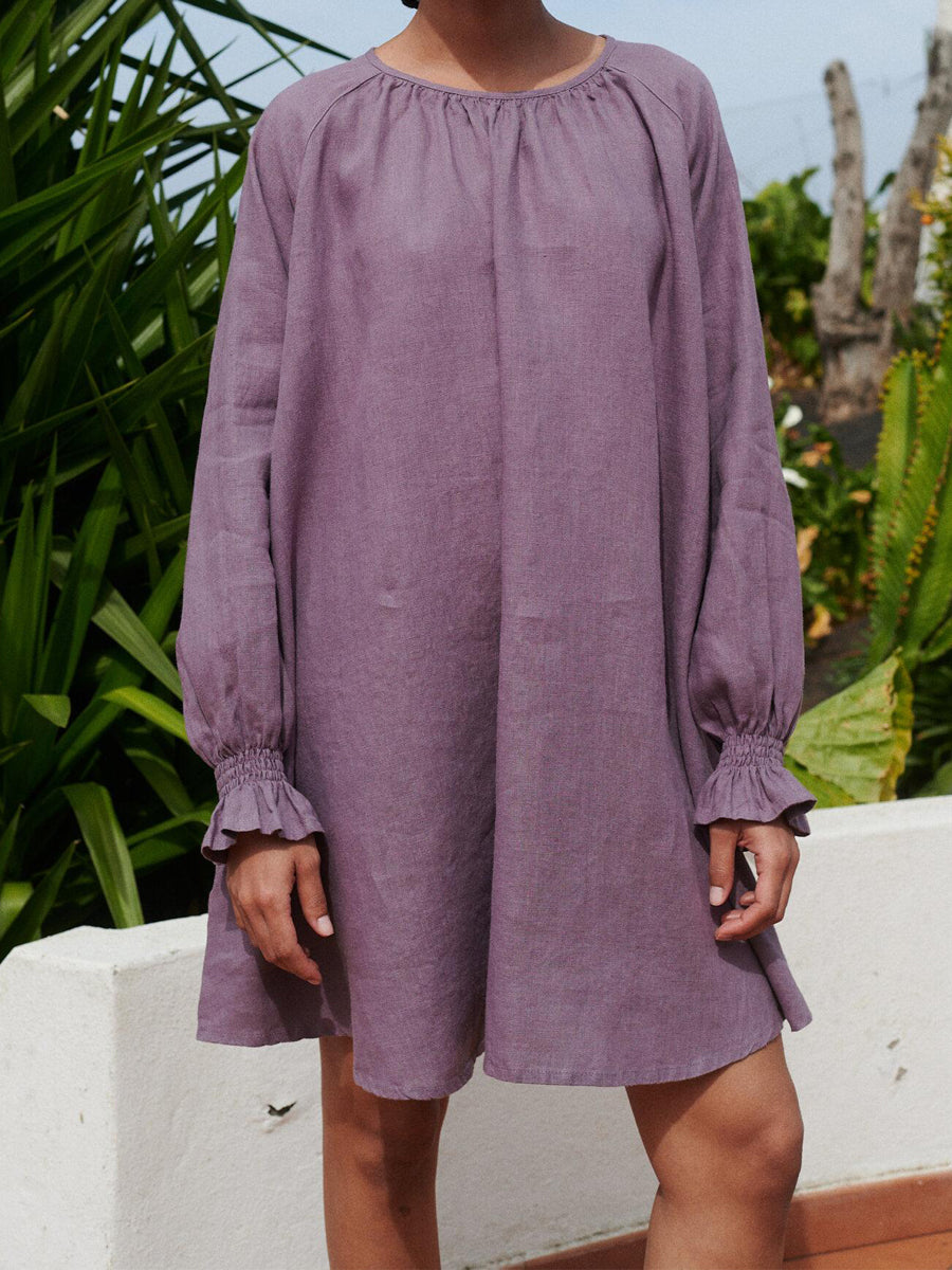 NTG 2022 Purple / S Casual Long Sleeve Linen Dress-Handmade