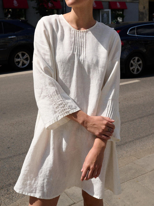 NTG 2022 White / S Casual Loose Boho Linen Dress-Handmade