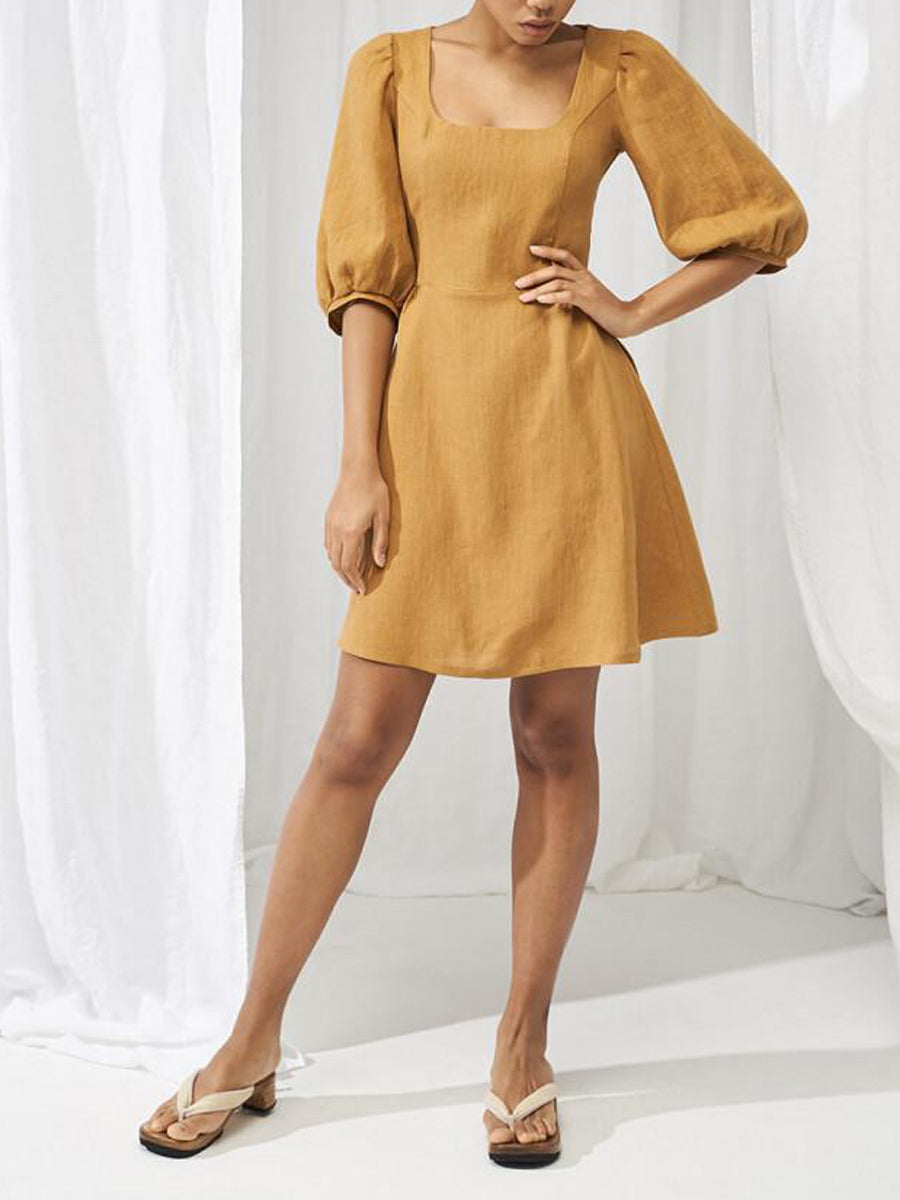 NTG 2022 Yellow / S Puff Sleeve Linen Dress-Handmade