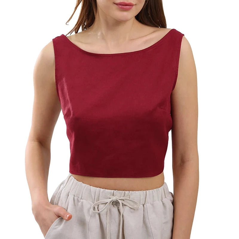 NTG Fad 100% Linen Crop Top with Open Back and Back Tie