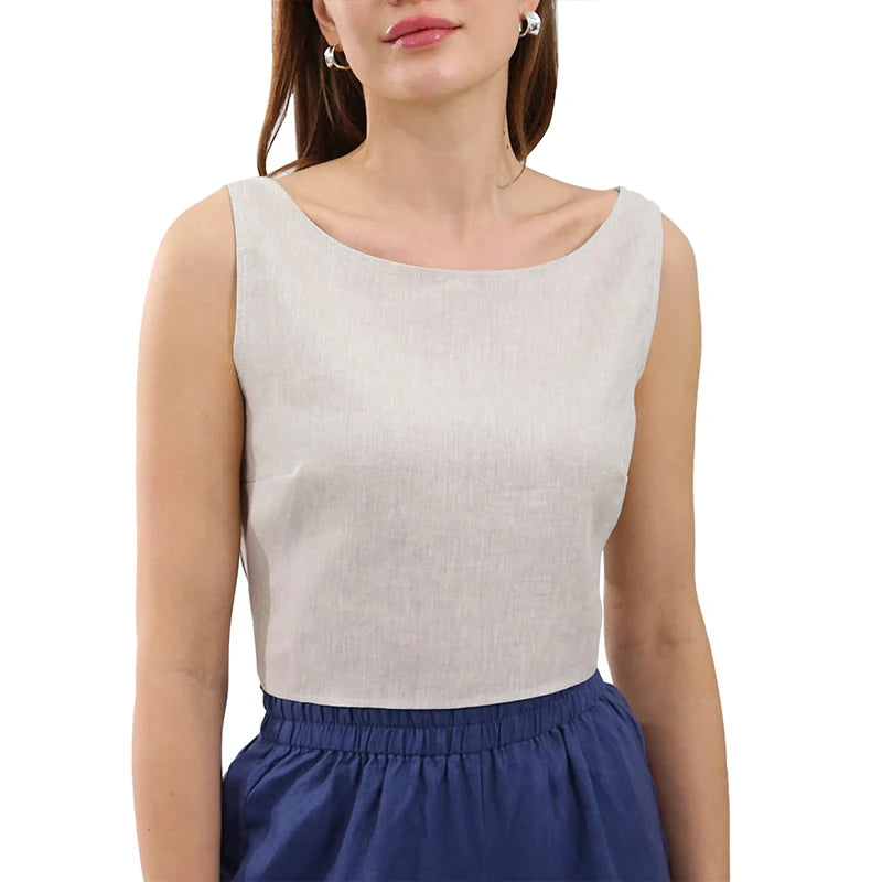 NTG Fad 100% Linen Crop Top with Open Back and Back Tie