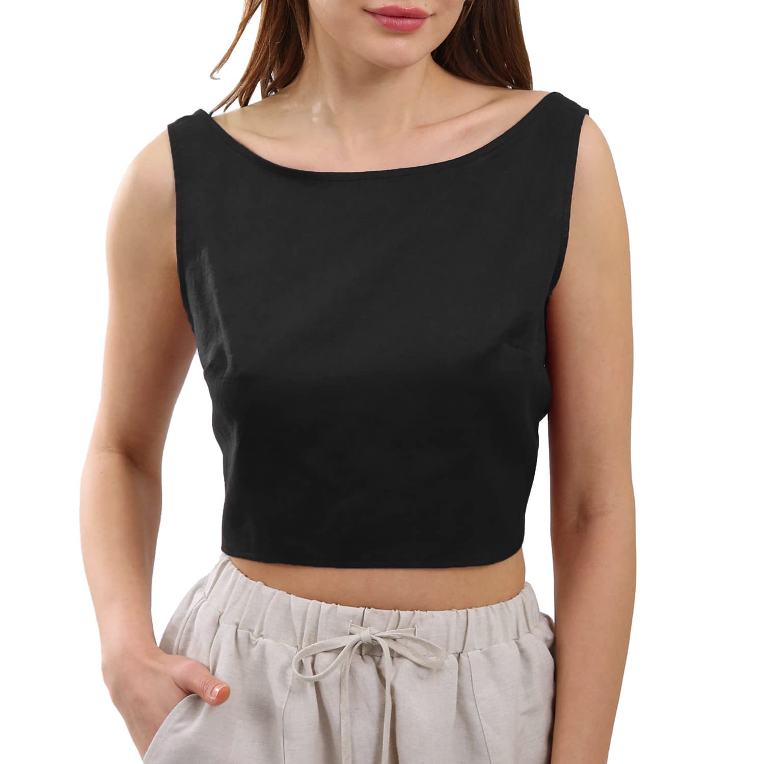 NTG Fad 100% Linen Crop Top with Open Back and Back Tie