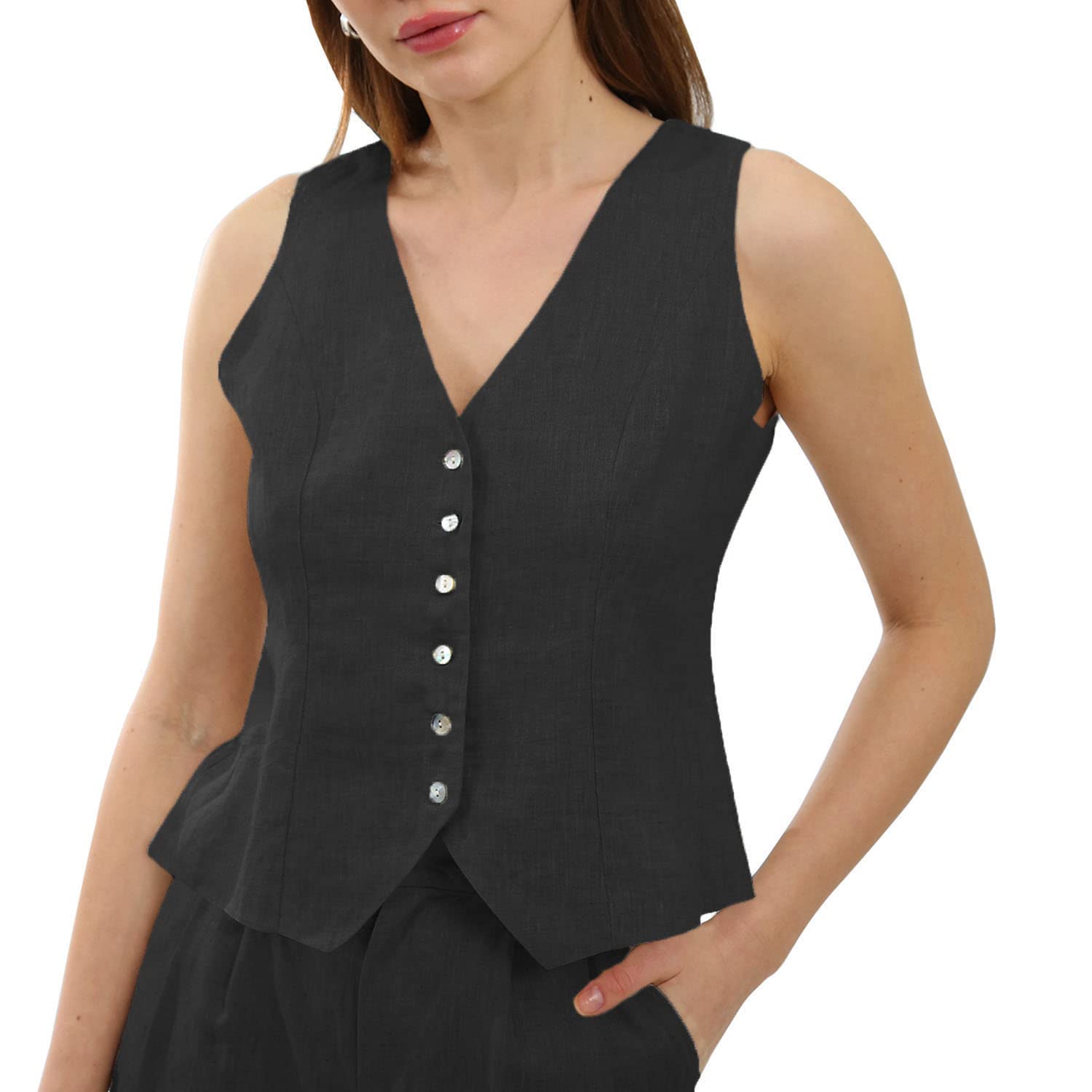 NTG Fad 100% Linen Sleeveless Waistcoat  Short Vest For Woman