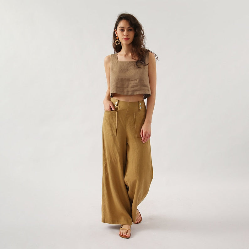 NTG Fad 100% Linen Square Neck Slip Top with Side Pockets