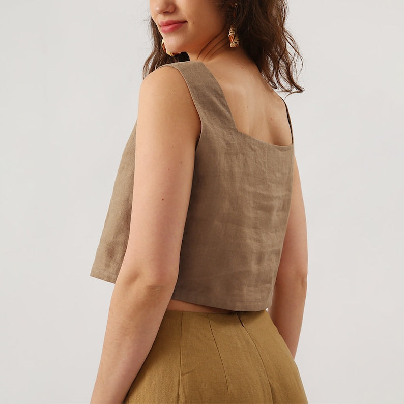 NTG Fad 100% Linen Square Neck Slip Top with Side Pockets