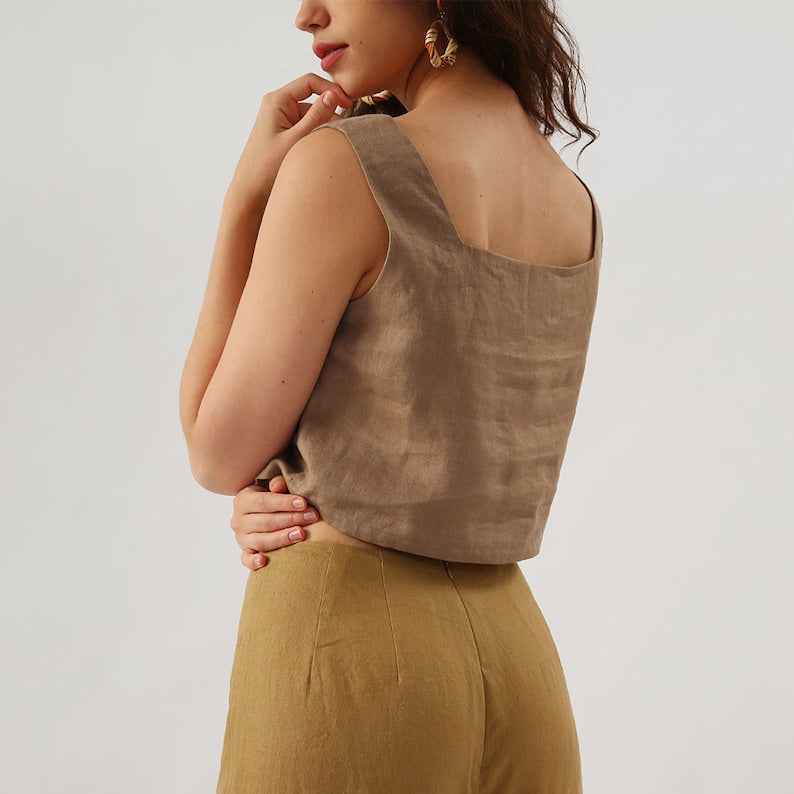 NTG Fad 100% Linen Square Neck Slip Top with Side Pockets