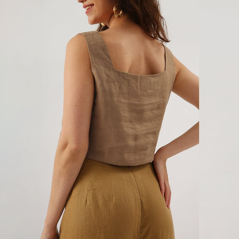 NTG Fad 100% Linen Square Neck Slip Top with Side Pockets