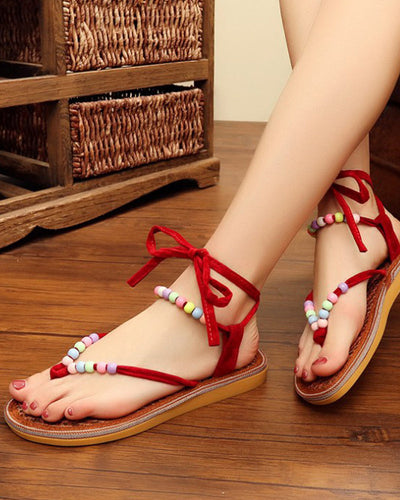NTG Fad 35 / Red Breathable Sweat Absorbing Bohemian Beaded Trend Ladies Strappy Sandals