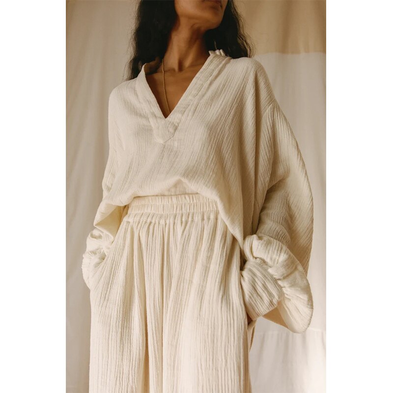 NTG Fad 41 beige / One Size Chic 100% Cotton Gauze Womens Outifits Sweet Puff Sleeve Top Pants Suit Ensemble Femme