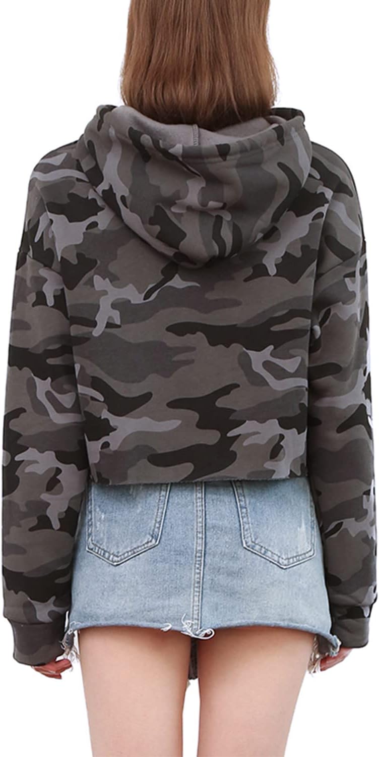 NTG Fad Amazhiyu Women's Camo Cropped Hoodie Long Sleeves Fleece Crop Tops with Hooded