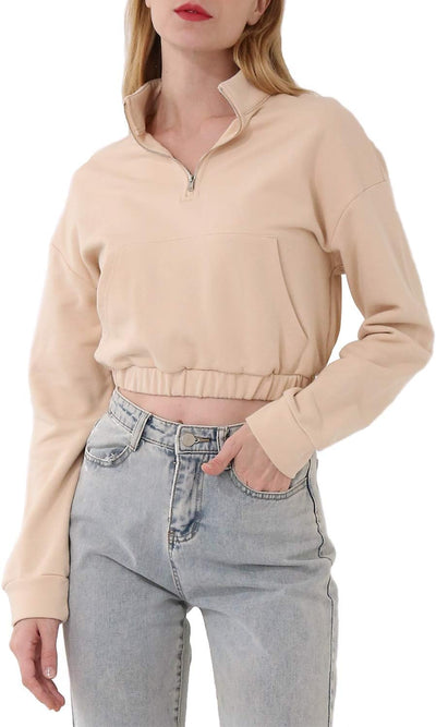 NTG Fad Apricot / Large Cropped Quarter Zip Pullover Sweatshirt Hoodie Crop Top