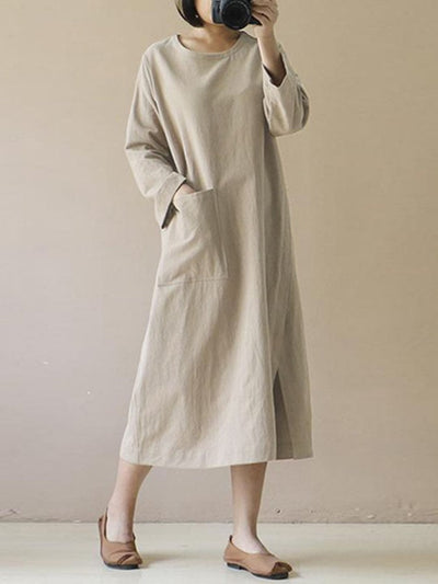 NTG Fad Apricot / S Cotton Linen V-Neck Pocket Dress