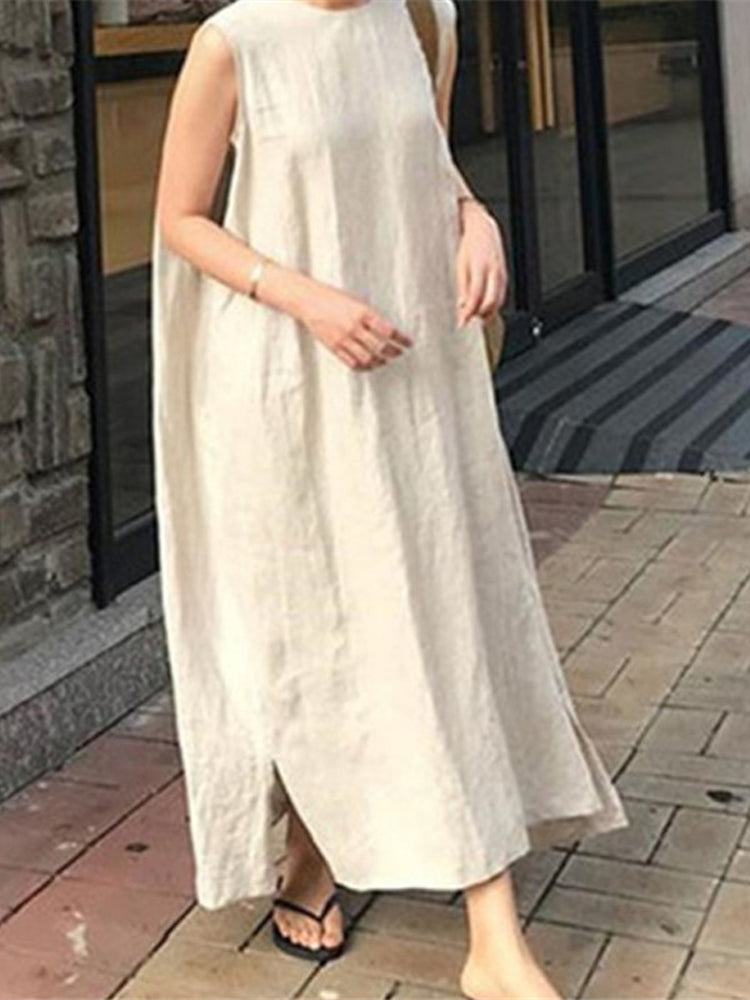 NTG Fad Apricot / S Loose Cotton And Linen Round Neck Sleeveless Maxi Dress