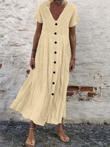 NTG Fad Apricot / S Women's Casual Solid Color Button V-Neck Cotton Linen Dress