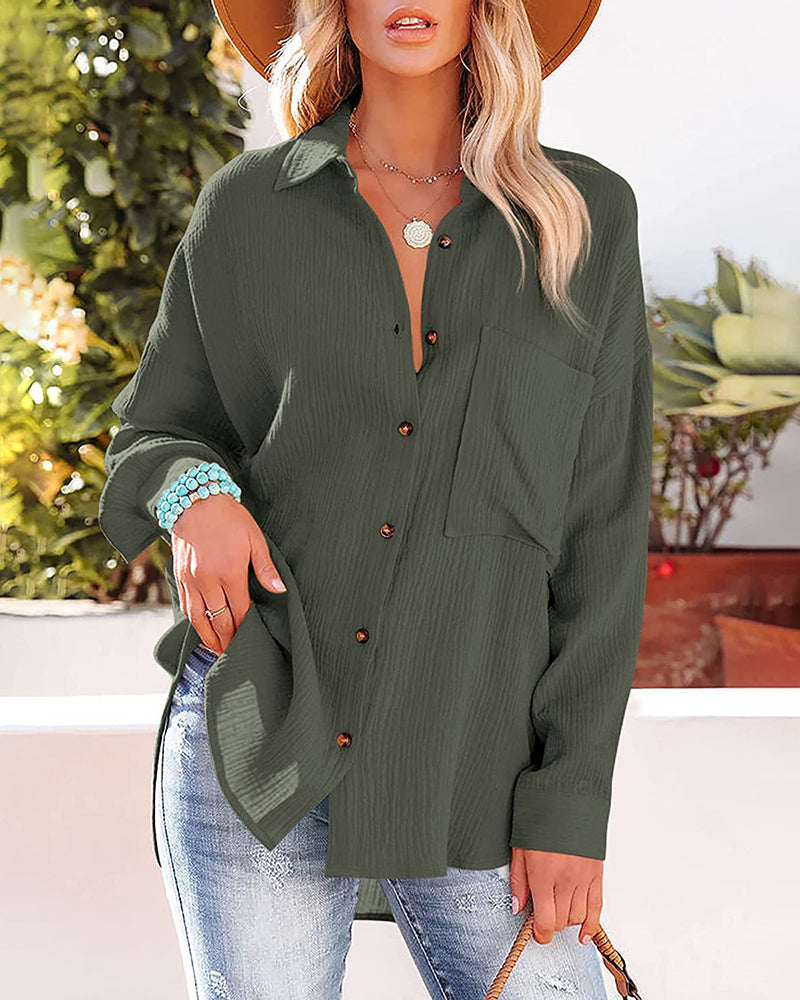 NTG Fad Army Green / S(4-6) Crinkle Crepe Casual Top Button-Down Long Sleeve Shirt Loose Blouse with Pocket