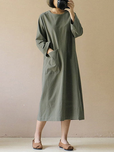 NTG Fad Army Green / S Cotton Linen V-Neck Pocket Dress