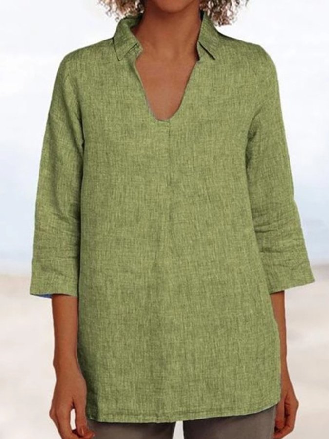 NTG Fad Army Green / S Ladies V-Neck Loose Casual Cotton Linen Shirt