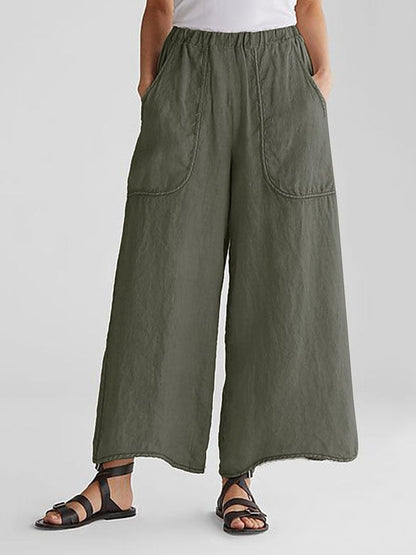 NTG Fad Army Green / S Solid Color Cotton Linen Pocket Wide Leg Pants