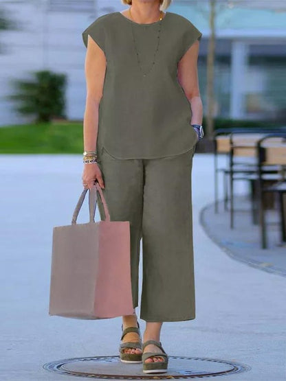 NTG Fad Army Green / S Women's Cotton Linen Casual Top and Pant Set