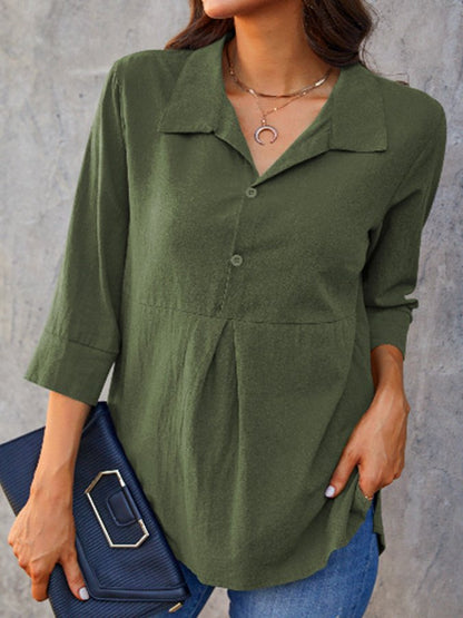 NTG Fad Army Green / S Women's Pleated-Paneled 3/4 Sleeve Casual Shirt