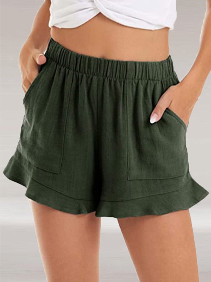 NTG Fad Army Green / S Women's Ruffled Breathable Cotton Linen Mid Waist Casual Shorts