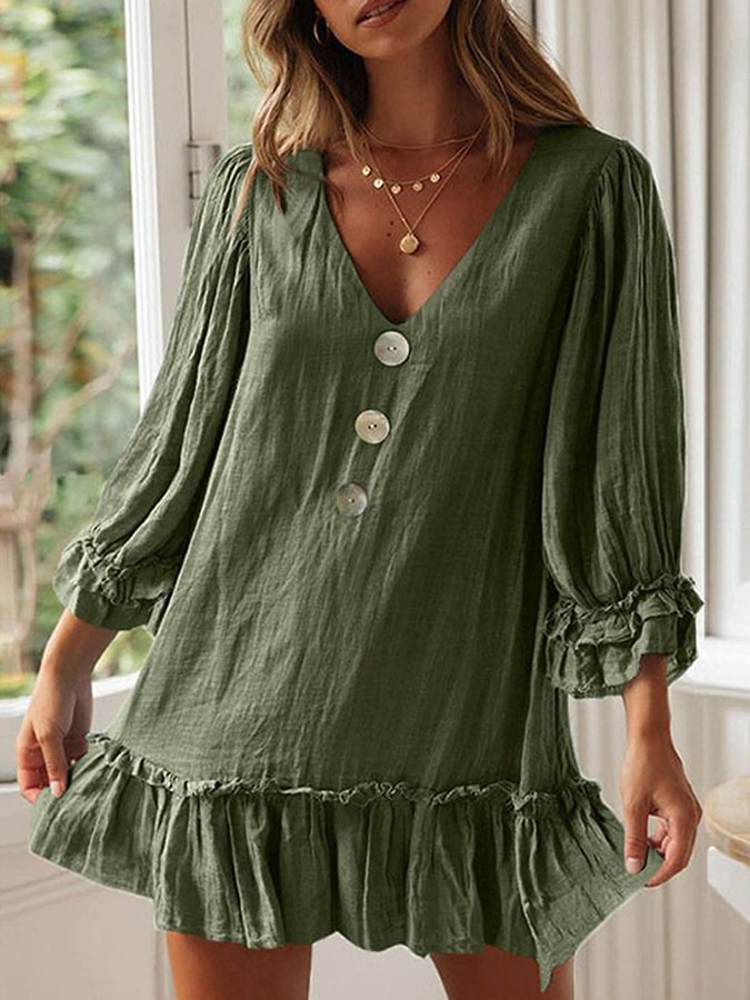 NTG Fad Army Green / S Women's Solid Color Loose Long Sleeve Ruffle Hem Cotton Linen Dress