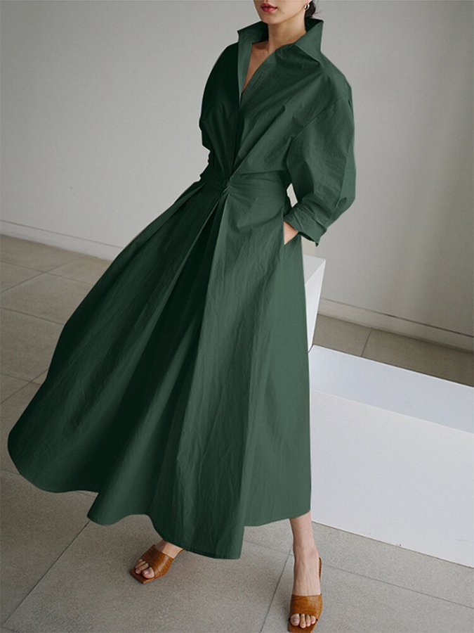 NTG Fad Army Green / S Women's Solid Pocket Button Lapel Long Sleeve Maxi Shirt Casual Dress