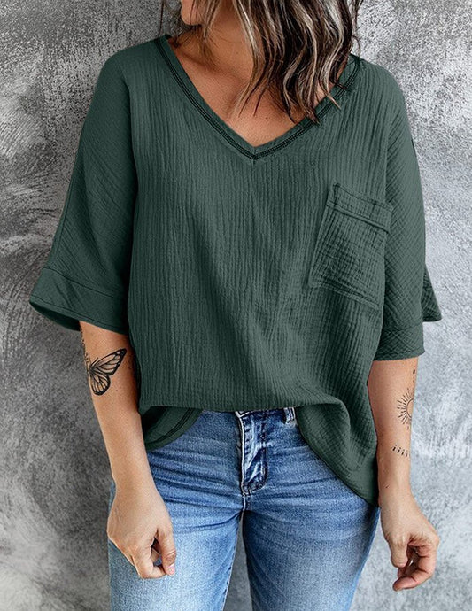 NTG Fad Army Green / S Women's V-neck Pocket Split Middle Sleeve Top Shirt