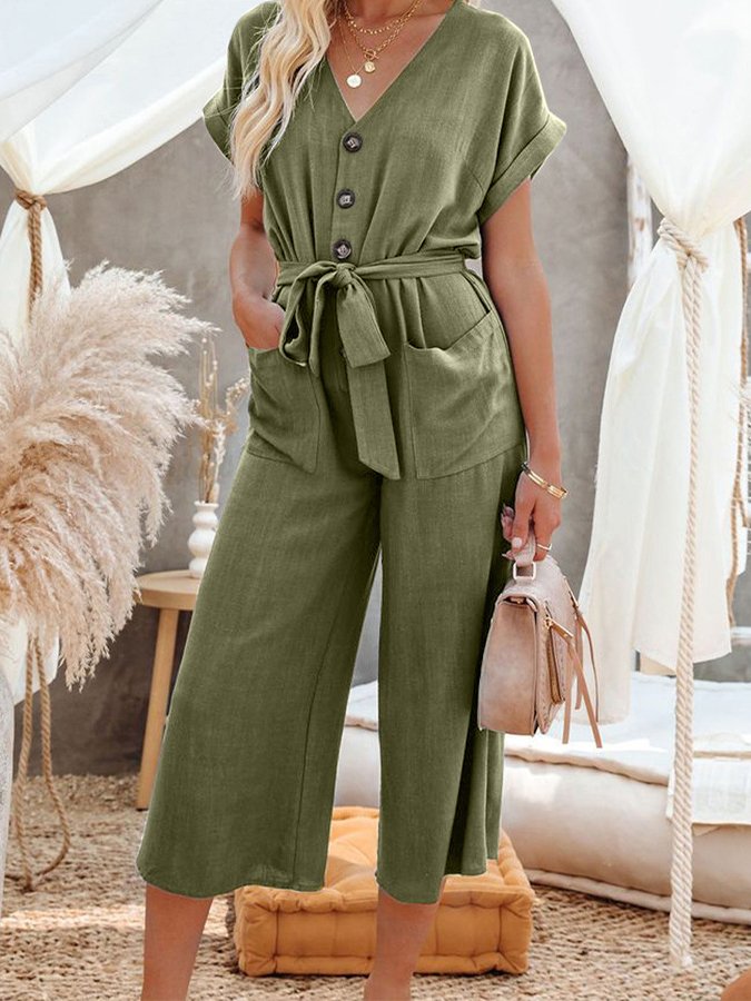 NTG Fad Army Green / S Women's V-Neck Short Sleeve Pocket Cotton Linen Jumpsuit