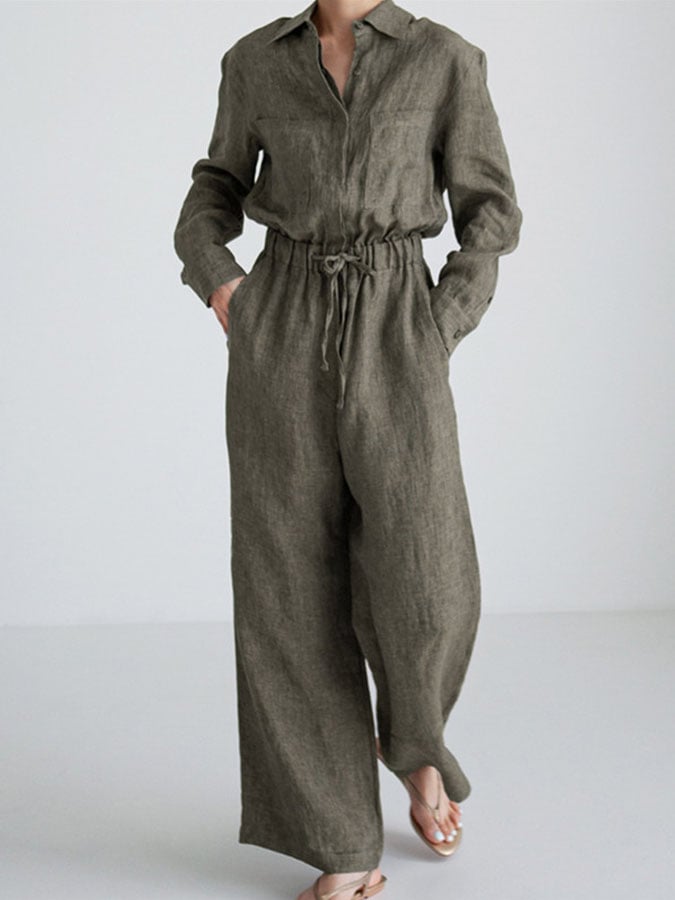 NTG Fad As shown / S Casual Cotton And Linen Multi-Pocket Jumpsuit