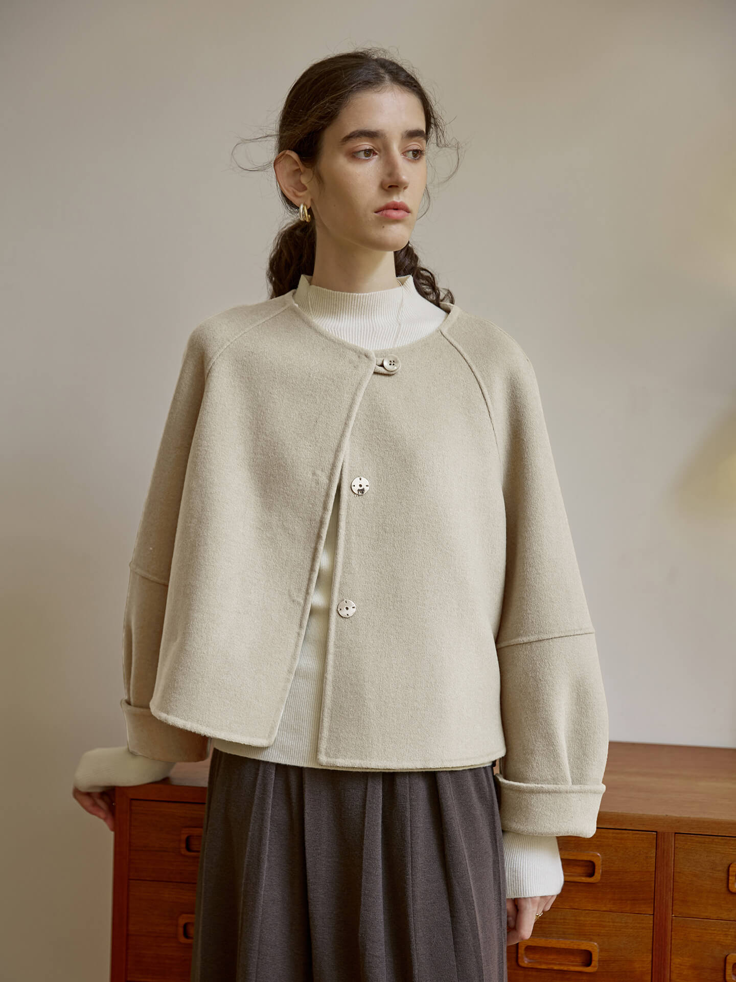 NTG Fad Beige / M Round Neck Loose Wool Coat