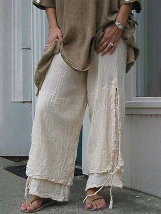 NTG Fad Beige / M Women's Cotton and Linen Double Drawstring Wide Leg Pants-(Hand Make)