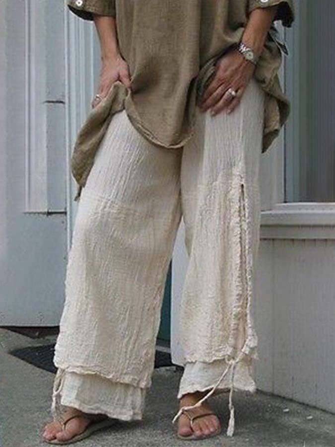 NTG Fad Beige / M Women's Cotton and Linen Double Drawstring Wide Leg Pants-(Hand Make)