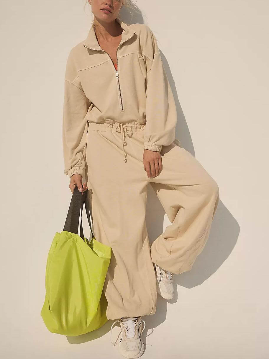 NTG Fad Beige / S Drawstring High Waist Casual Jumpsuit