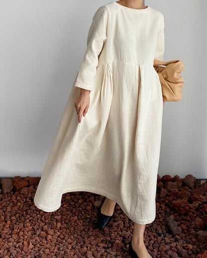 NTG Fad Beige / S Elegant Round Neck Loose Cotton Linen Dress