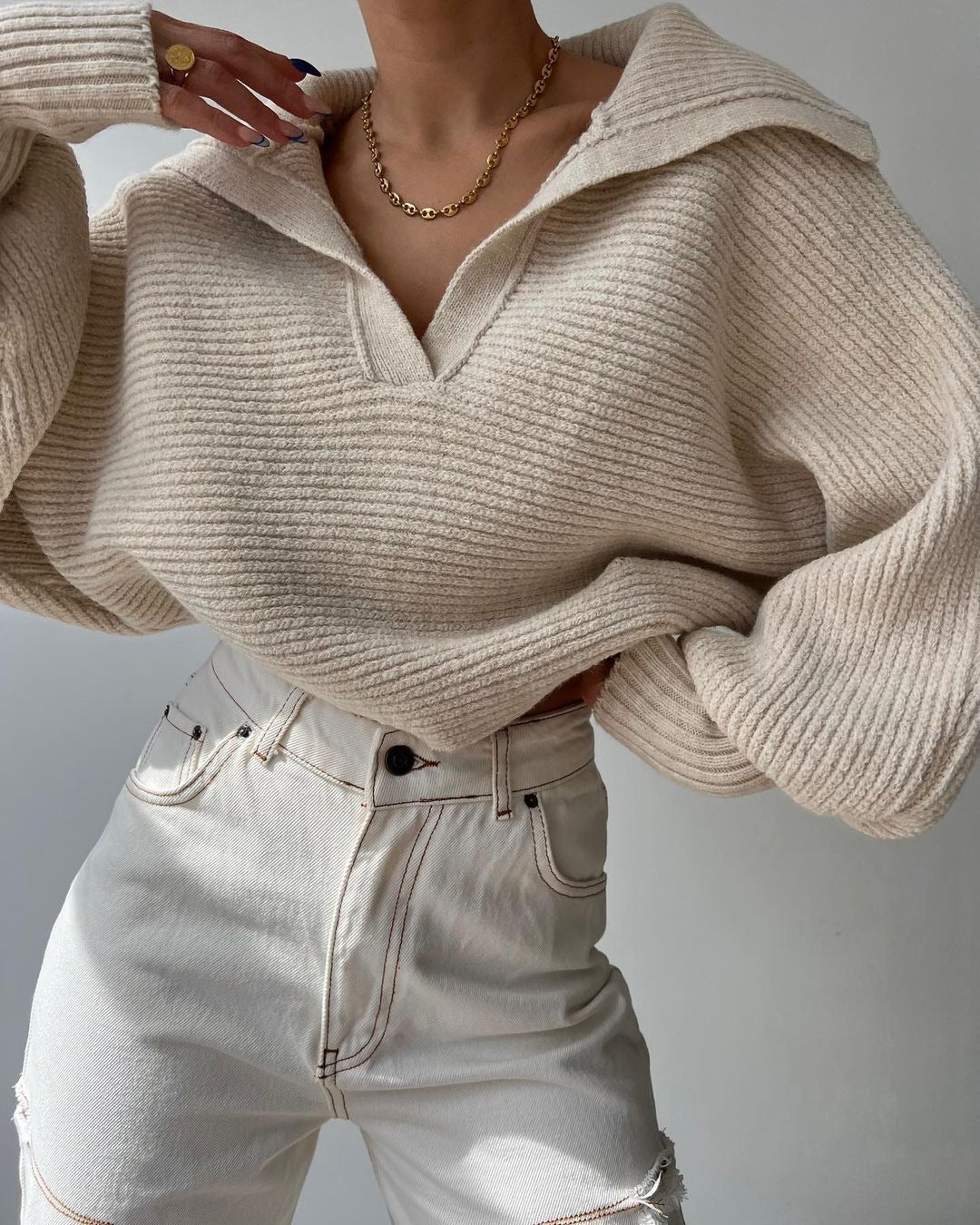 NTG Fad Beige / S Lantern Sleeve Open Collar Pullover