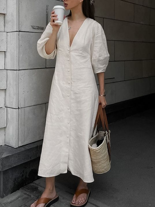 NTG Fad Beige / S Puff-sleeved Cotton and Linen Open-back Loose Shirt Dress