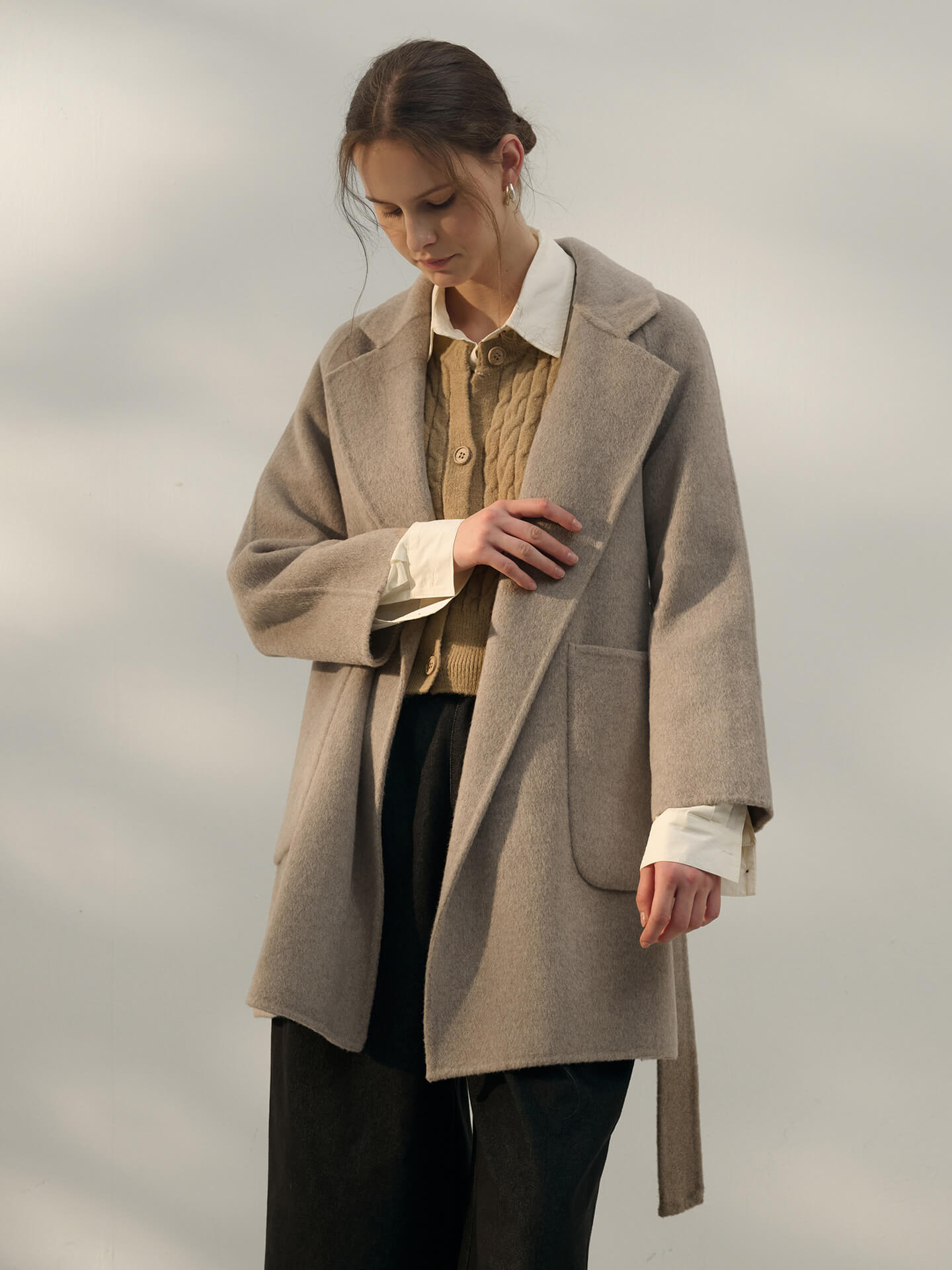 NTG Fad Beige / S Solid Color Long Pure Wool Coat