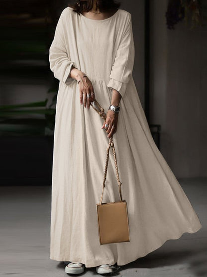 NTG Fad Beige / S Women's Round Neck Long Sleeve Cotton Linen Dress