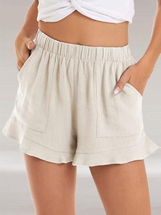 NTG Fad Beige / S Women's Ruffled Breathable Cotton Linen Mid Waist Casual Shorts