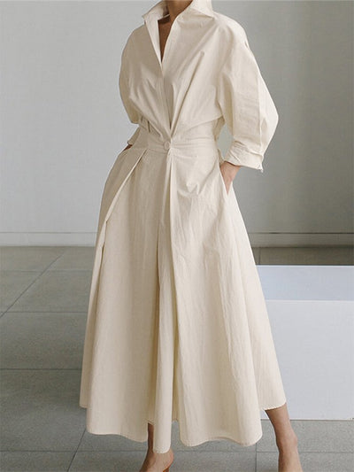 NTG Fad Beige / S Women's Solid Pocket Button Lapel Long Sleeve Maxi Shirt Casual Dress
