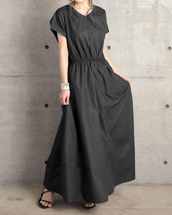 NTG Fad Black / M Solid Color Simple Short-sleeved Long Dress