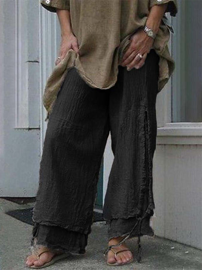 NTG Fad Black / M Women's Cotton and Linen Double Drawstring Wide Leg Pants-(Hand Make)