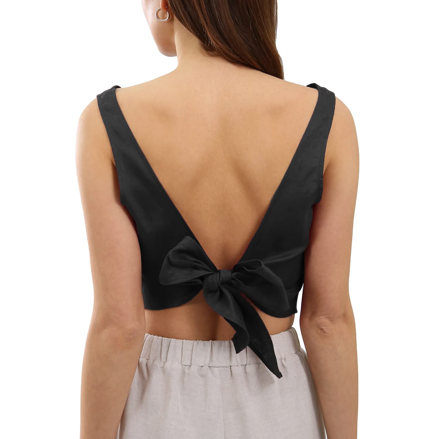 NTG Fad Black / S 100% Linen Backless Tie Summer Crop Tank Tops