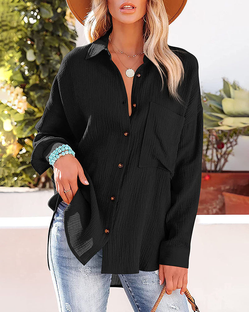 NTG Fad Black / S(4-6) Crinkle Crepe Casual Top Button-Down Long Sleeve Shirt Loose Blouse with Pocket